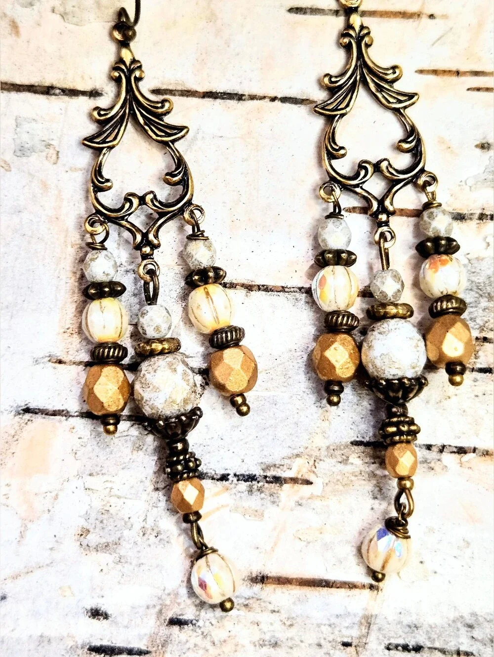 Victorian Rustic White & Etched Gold Glass In Feminine Antique Bronze Earrings